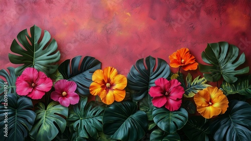 Bright tropical flowers arranged against a colorful background in a vibrant d...