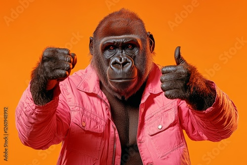 A stylish gorilla in a pink jacket gives a thumbs-up against a vibrant orange background, exuding confidence and personality.