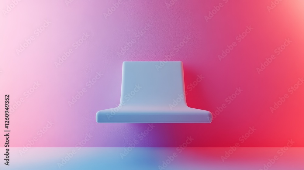 A white chair is suspended in midair above a pink wall A white chair is suspended in midair above a pink wall
