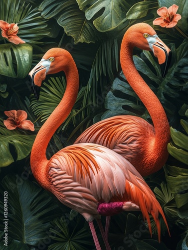 Vibrant flamingos surrounded by tropical flowers and lush foliage in a serene...