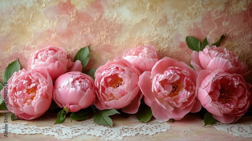 Pink peonies in full bloom against a soft pastel background in a floral arran...