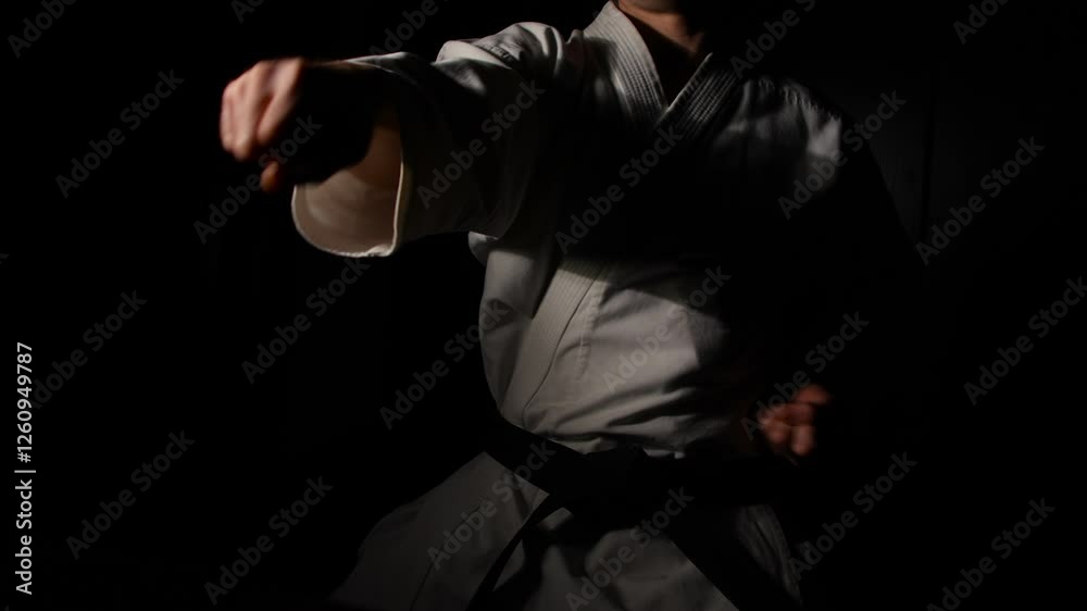 Active adult black belt athlete performing straight punches