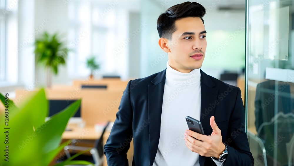 young businessman in modern corporate office, professional attire and confident mindset for success in business leadership and management