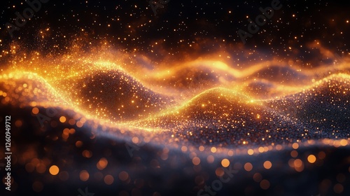 Sparkling waves of golden particles create a mesmerizing visual effect in dar...