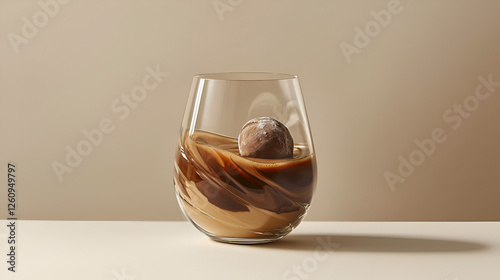 A decadent drink featuring a chocolate sphere afloat in swirling coffee served in an elegant glass.