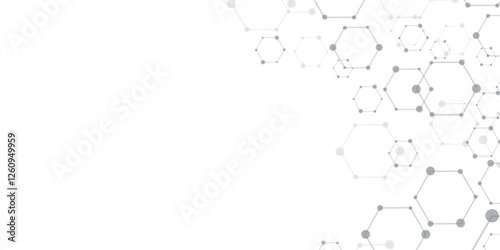 Molecular structure abstract tech background. Geometric white background. Vector banner design with hexagons. Science network pattern, connecting lines and dots Medical background, Vector illustration