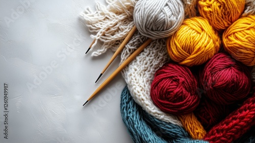 Vibrant yarn and knitting supplies arranged on a textured surface