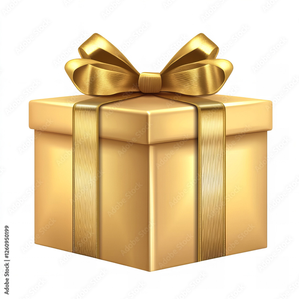 Obraz premium Gold Gift Box with Satin Ribbon Bow, Isolated on White Background, Festive Occasion, Celebration, Surprise, 3D Rendering