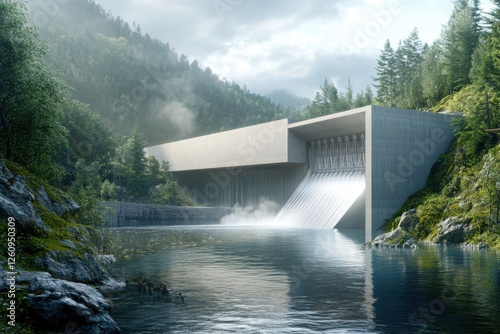 Modern concrete dam with water discharge in a misty forest landscape setting.