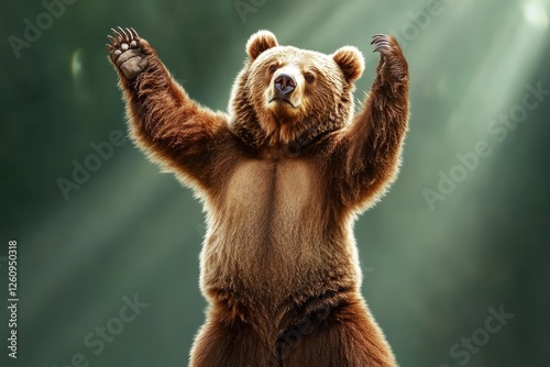 A majestic brown bear stands on its hind legs, displaying its strength and prominence in a sunlit forest environment. photo