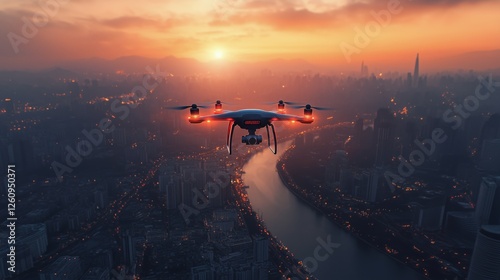 Drone flying above city skyline at sunset with river flowing through landscape
