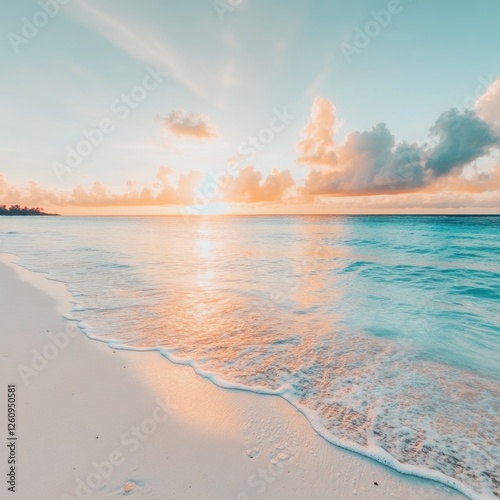 Serene Sunset Over Tranquil Beach, Gentle Waves Lapping on Shore, Warm Hues of Orange and Yellow Reflecting on Calm Water Surface