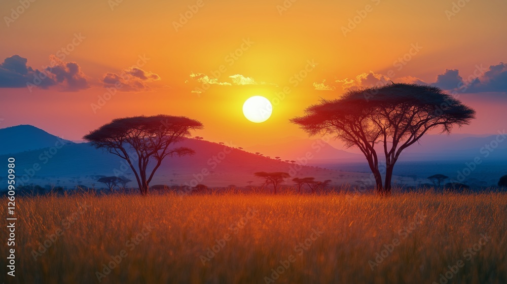 Obraz premium Sunset over savanna with acacia trees silhouetted against a colorful sky