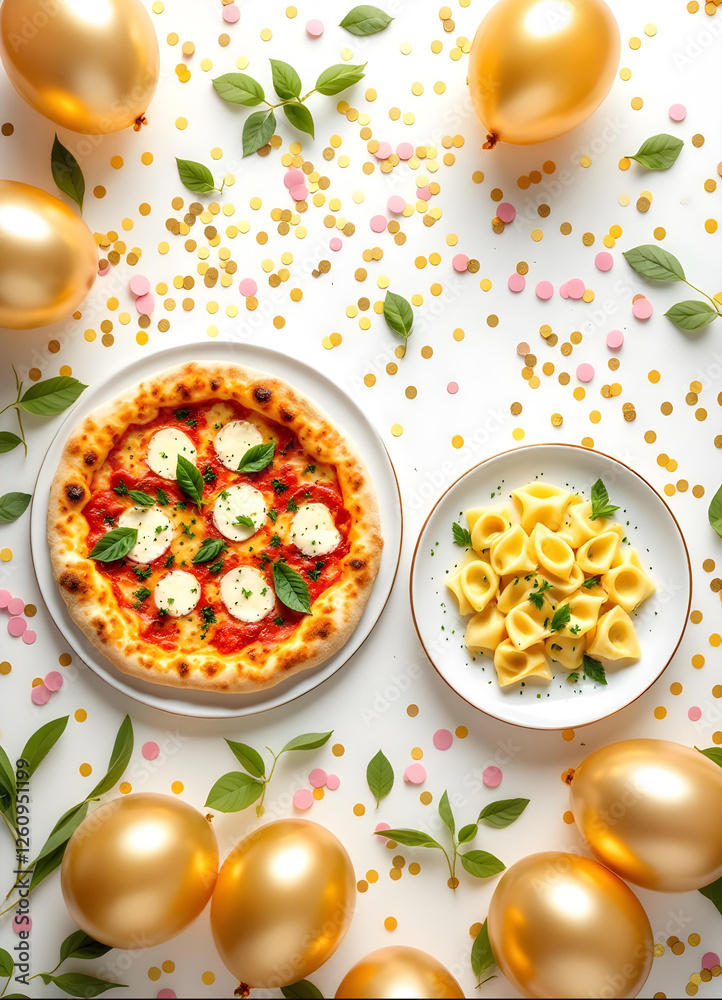 Pizza and pasta on white background surrounded by golden balloons, confetti, and basil. Festive Italian food, elegant restaurant advertisement, gourmet photography, fine dining concept, space for text