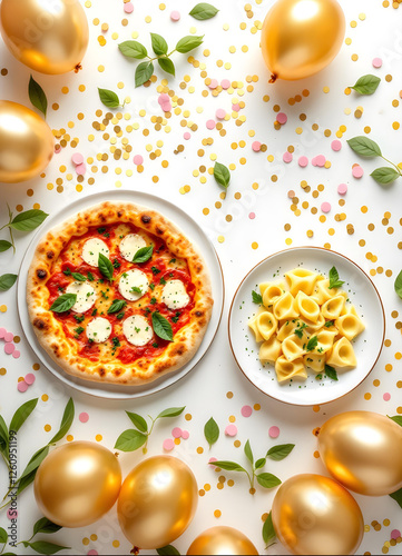 Obraz na płótnie Pizza and pasta on white background surrounded by golden balloons, confetti, and basil. Festive Italian food, elegant restaurant advertisement, gourmet photography, fine dining concept, space for text w salonie
