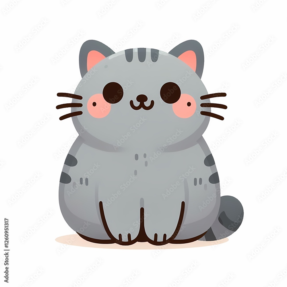 Fototapeta premium Cute gray striped cartoon cat with large eyes and rosy cheeks, sitting happily.