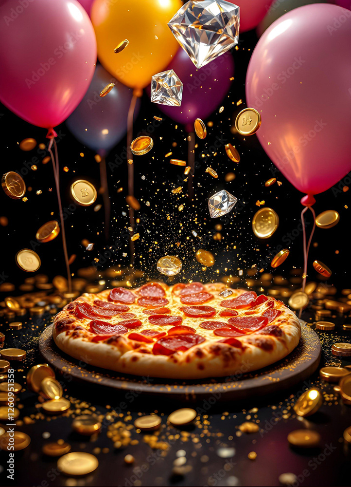 Luxury Italian pizza with golden elements and balloons on black background – elegant restaurant advertisement, gourmet food photography, fine dining concept, festive culinary art