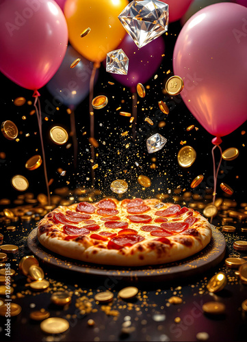 Obraz na płótnie Luxury Italian pizza with golden elements and balloons on black background – elegant restaurant advertisement, gourmet food photography, fine dining concept, festive culinary art w salonie