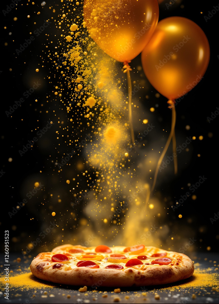 Luxury Italian pizza with golden elements and balloons on black background – elegant restaurant advertisement, gourmet food photography, fine dining concept, festive culinary art