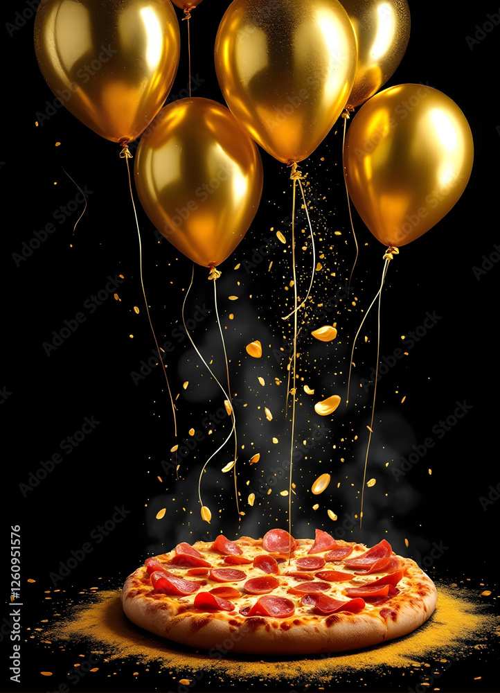 Luxury Italian pizza with golden elements and balloons on black background – elegant restaurant advertisement, gourmet food photography, fine dining concept, festive culinary art