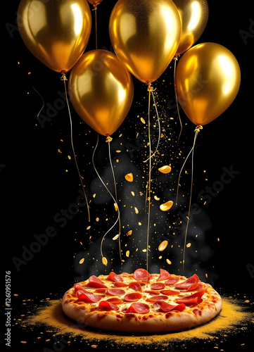 Obraz na płótnie Luxury Italian pizza with golden elements and balloons on black background – elegant restaurant advertisement, gourmet food photography, fine dining concept, festive culinary art w salonie