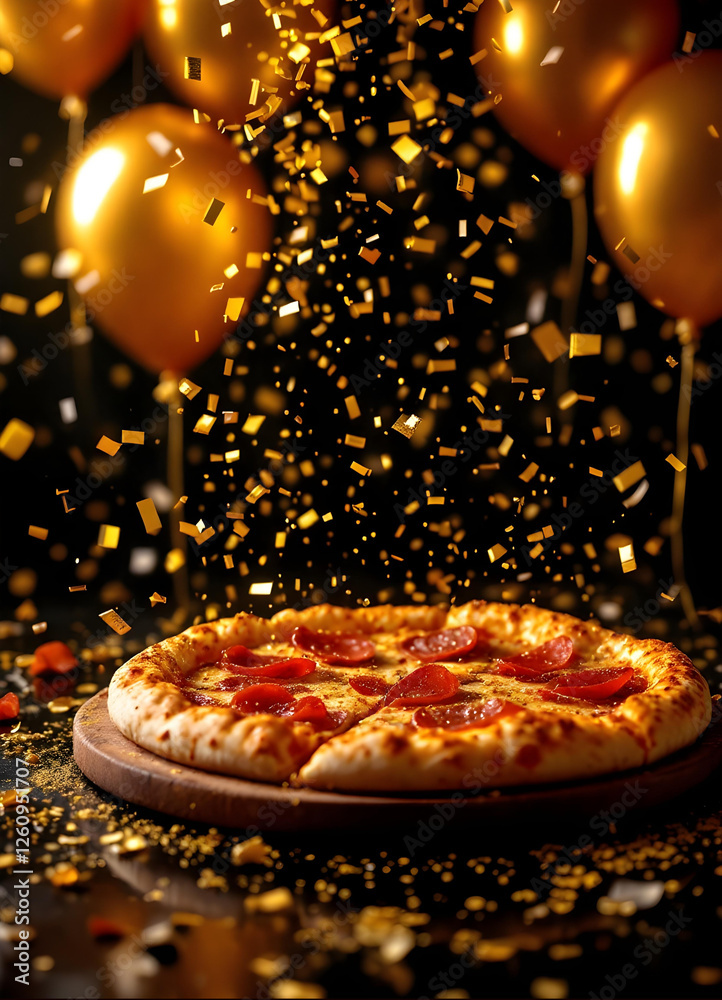 Luxury Italian pizza with golden elements and balloons on black background – elegant restaurant advertisement, gourmet food photography, fine dining concept, festive culinary art