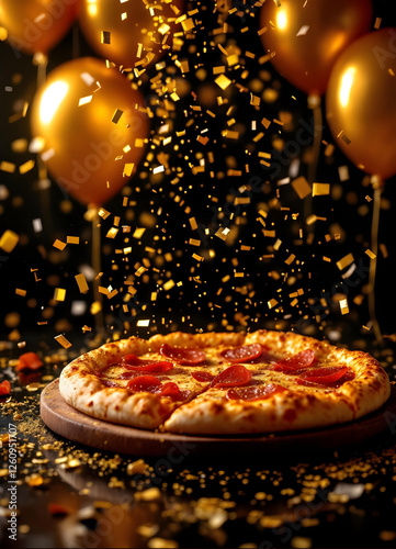 Obraz na płótnie Luxury Italian pizza with golden elements and balloons on black background – elegant restaurant advertisement, gourmet food photography, fine dining concept, festive culinary art w salonie