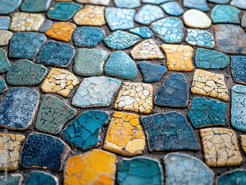 Vibrant mosaic tiles arranged in intricate patterns showcasing cultural artistry and craftsmanship photo