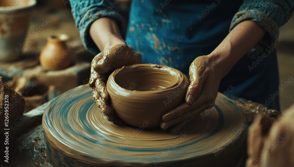Crafting Clay: A Potter's Hands Shaping a Bowl on a Spinning Wheel Crafting Clay: A Potter's Hands Shaping a Bowl on a Spinning Wheel