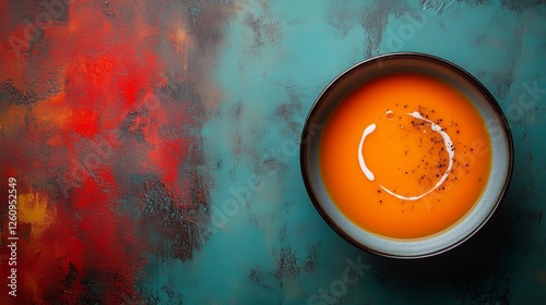 Warm bowl of creamy orange soup garnished with spices on a colorful textured ...