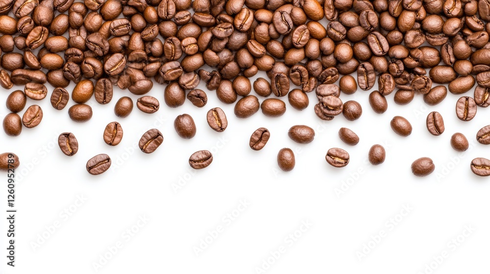 Obraz premium Scattered roasted coffee beans on a white background with copy space for commercial advertising and branding