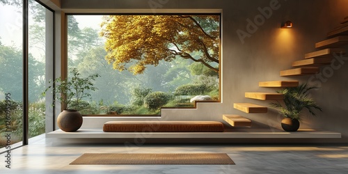 Tranquil interior with natural lighting and lush greenery in a modern space f...