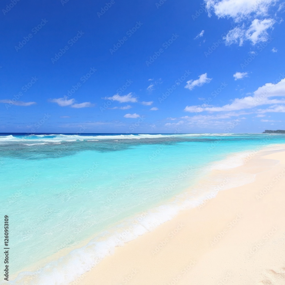 Tranquil beach scene with soft white sand, clear turquoise water under a bright blue sky and gentle waves lapping on the shore in a tropical paradise Tranquil beach scene with soft white sand, clear turquoise water under a bright blue sky and gentle waves lapping on the shore in a tropical paradise