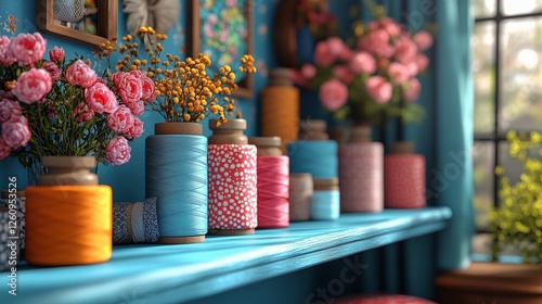 Bright sewing supplies and plants arranged on a blue wooden shelf in a creati...