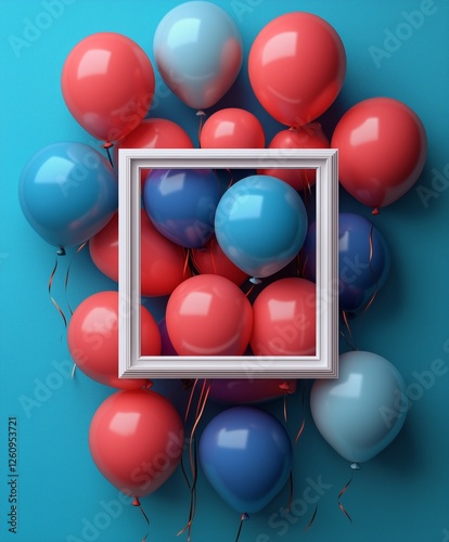 Colorful balloons surround a blank frame on a blue wall for a celebration