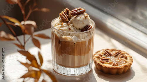 Dessert delight: Layered drink with pecan toppings and a mini tart for a sweet treat in warm, natural light. photo