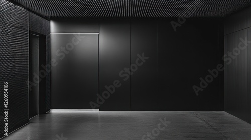 Dark hallway, modern building, elevator, textured wall