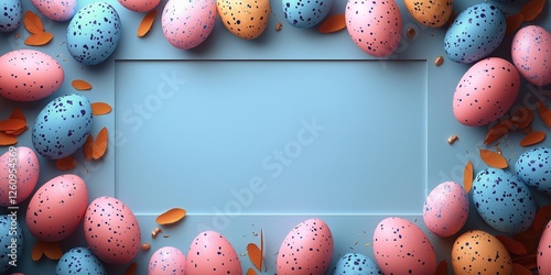 Colorful decorated Easter eggs arranged around a blank frame on a pink backgr...