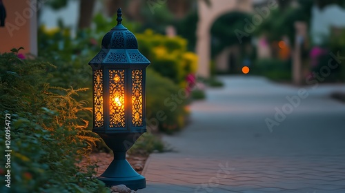 Illuminated Lantern Stands Beside Garden Path At Dusk