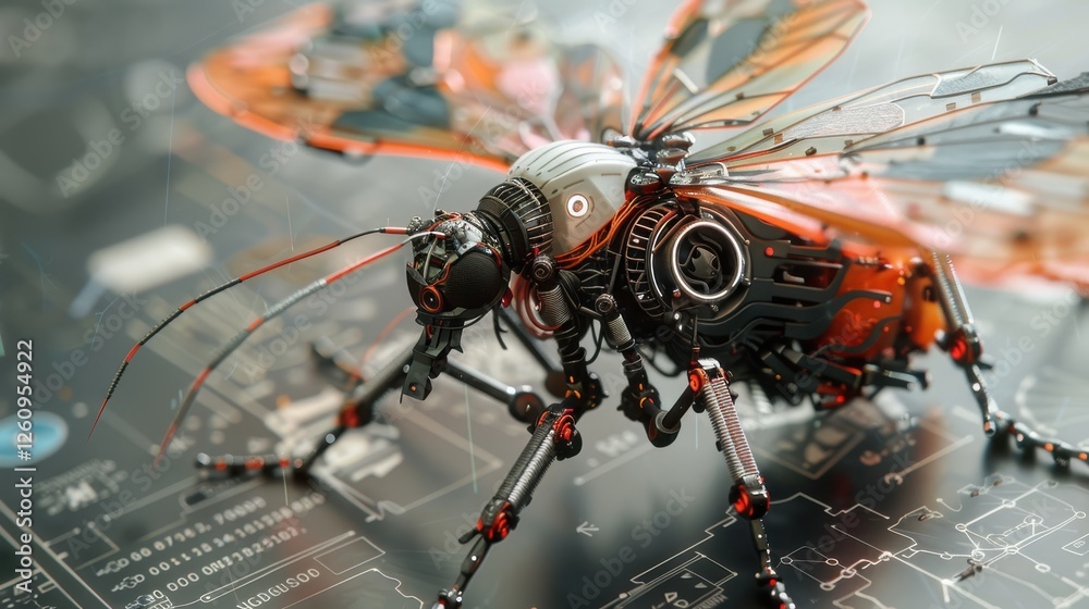 Fototapeta premium High-Detail Close-Up of a Futuristic Insect Robot Design with Vibrant Colors and Intricate Mechanical Features Set Against a Technology Blueprint Background