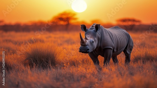 Rhino walking through golden grassland during sunset in a serene landscape