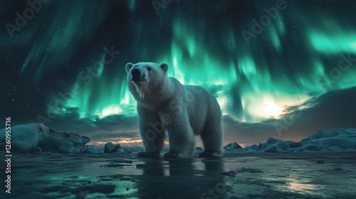 Majestic polar bear under the northern lights in a frozen arctic landscape at...