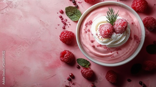 Delicious raspberry dessert served in a bowl on a pink background with fresh ...