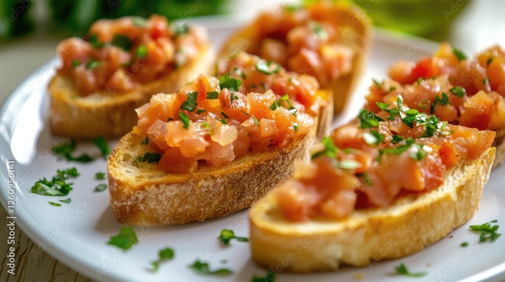 bruschetta with tuna pate, fish rillettes on a white plate , selective focus, close-up bruschetta with tuna pate, fish rillettes on a white plate , selective focus, close-up