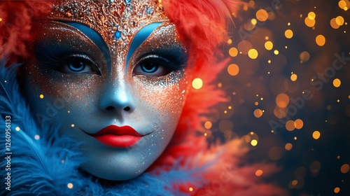 Colorful masquerade mask with intricate designs and feathers at a festive eve...