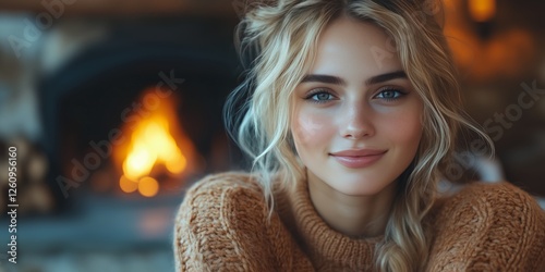 Cozy indoor setting with a young woman by a warm fireplace during winter evening