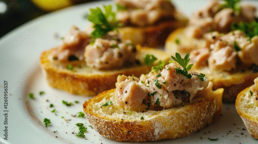 bruschetta with tuna pate, fish rillettes on a white plate , selective focus, close-up bruschetta with tuna pate, fish rillettes on a white plate , selective focus, close-up
