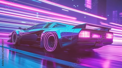 Retro car speeding, neon city, night drive