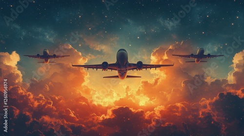 Planes flying through vibrant sunset clouds filled with colors