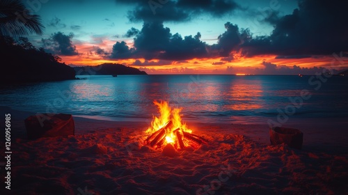 Evening beach bonfire with glowing lights under a vibrant sunset sky
